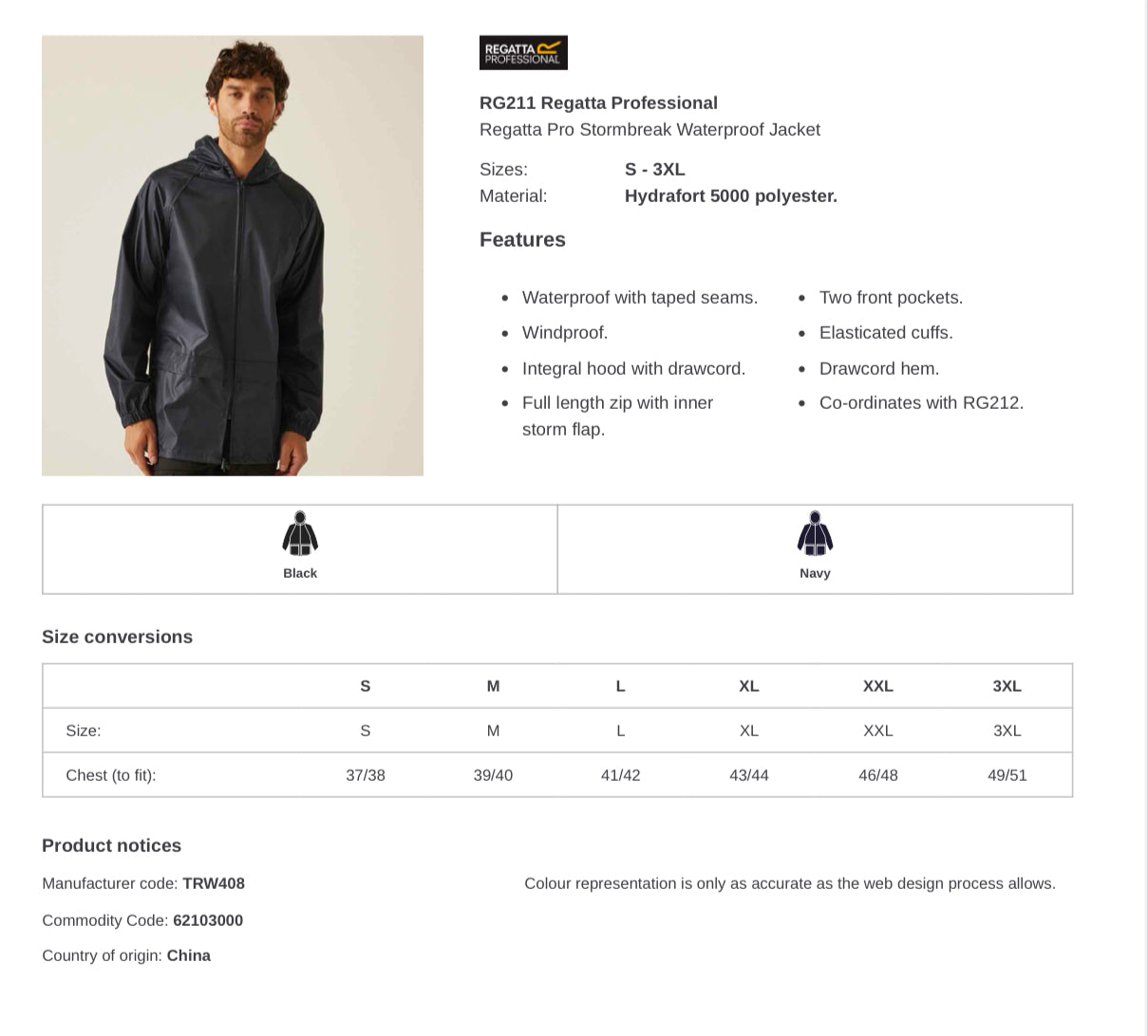 Regatta Adults Pro Stormbreak Waterproof Jacket - Size Guide
