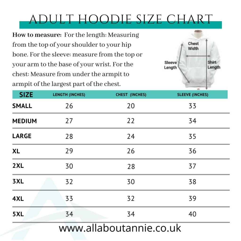 Adults Zip Hoodie Size Guide